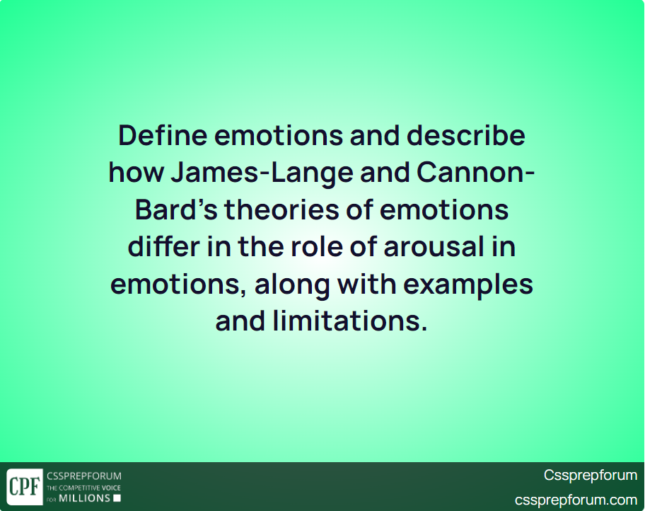 Define emotions and describe how James-Lange and Cannon-Bard’s theories of emotions differ in the role of arousal in emotions, along with examples and limitations.