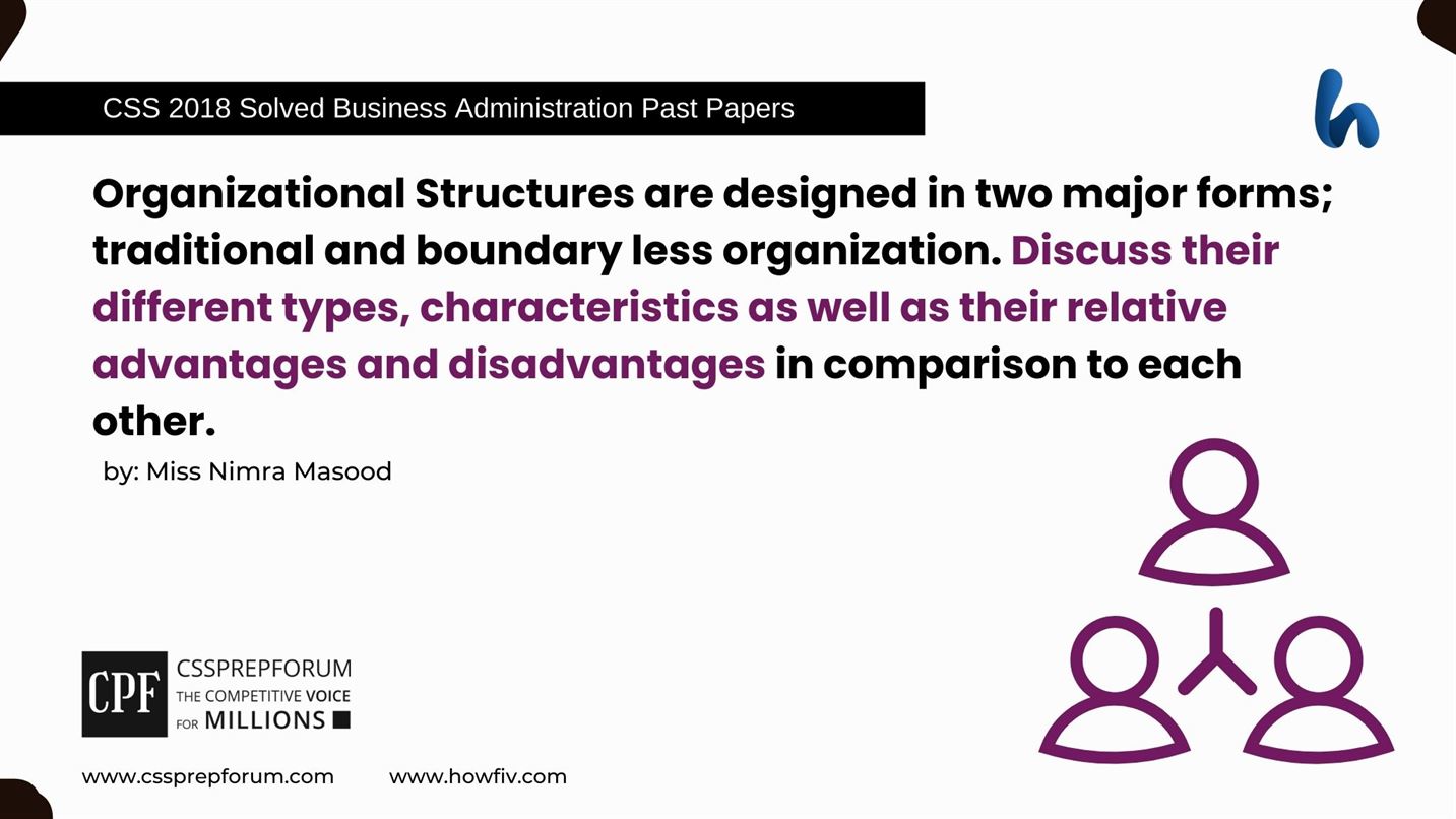 Organizational Structures are designed in two major forms; traditional and boundary less organization. Discuss their different types, characteristics as well as their relative advantages and disadvantages in comparison to each other.