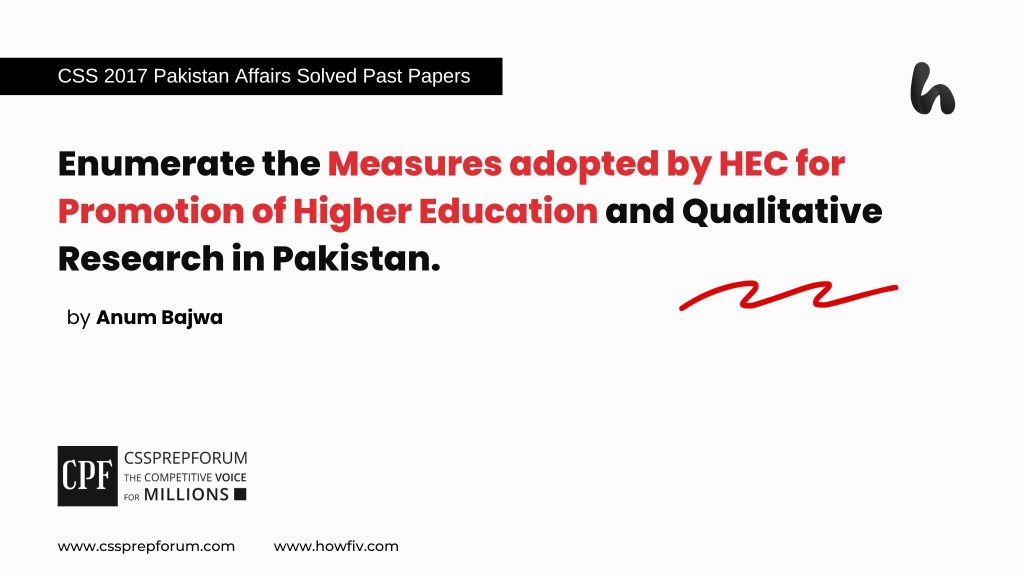 Enumerate the Measures adopted by HEC for Promotion of Higher Education and Qualitative Research in Pakistan.