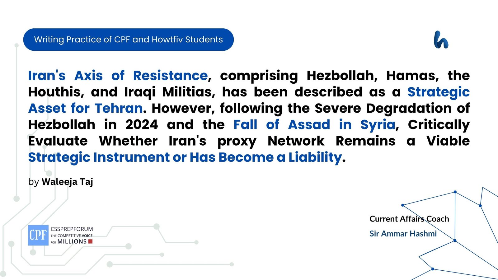 Iran's Axis of Resistance, comprising Hezbollah, Hamas, the Houthis, and Iraqi Militias, has been described as a Strategic Asset for Tehran. However, following the Severe Degradation of Hezbollah in 2024 and the Fall of Assad in Syria, Critically Evaluate Whether Iran's proxy Network Remains a Viable Strategic Instrument or Has Become a Liability.