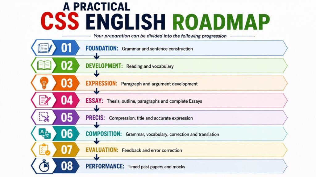 A step-by-step CSS English roadmap covering Foundation, Development, Expression, Essay, Precis, Composition, Evaluation, and Performance