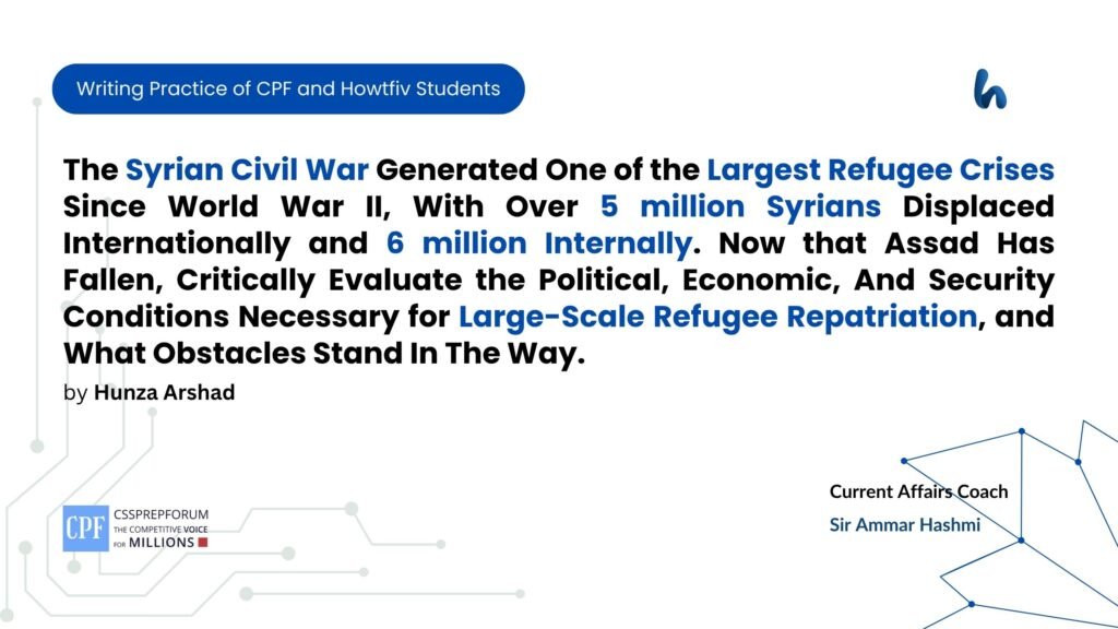 The Syrian Civil War Generated One of the Largest Refugee Crises Since World War II, With Over 5 million Syrians Displaced Internationally and 6 million Internally. Now that Assad Has Fallen, Critically Evaluate the Political, Economic, And Security Conditions Necessary for Large-Scale Refugee Repatriation, and What Obstacles Stand In The Way.